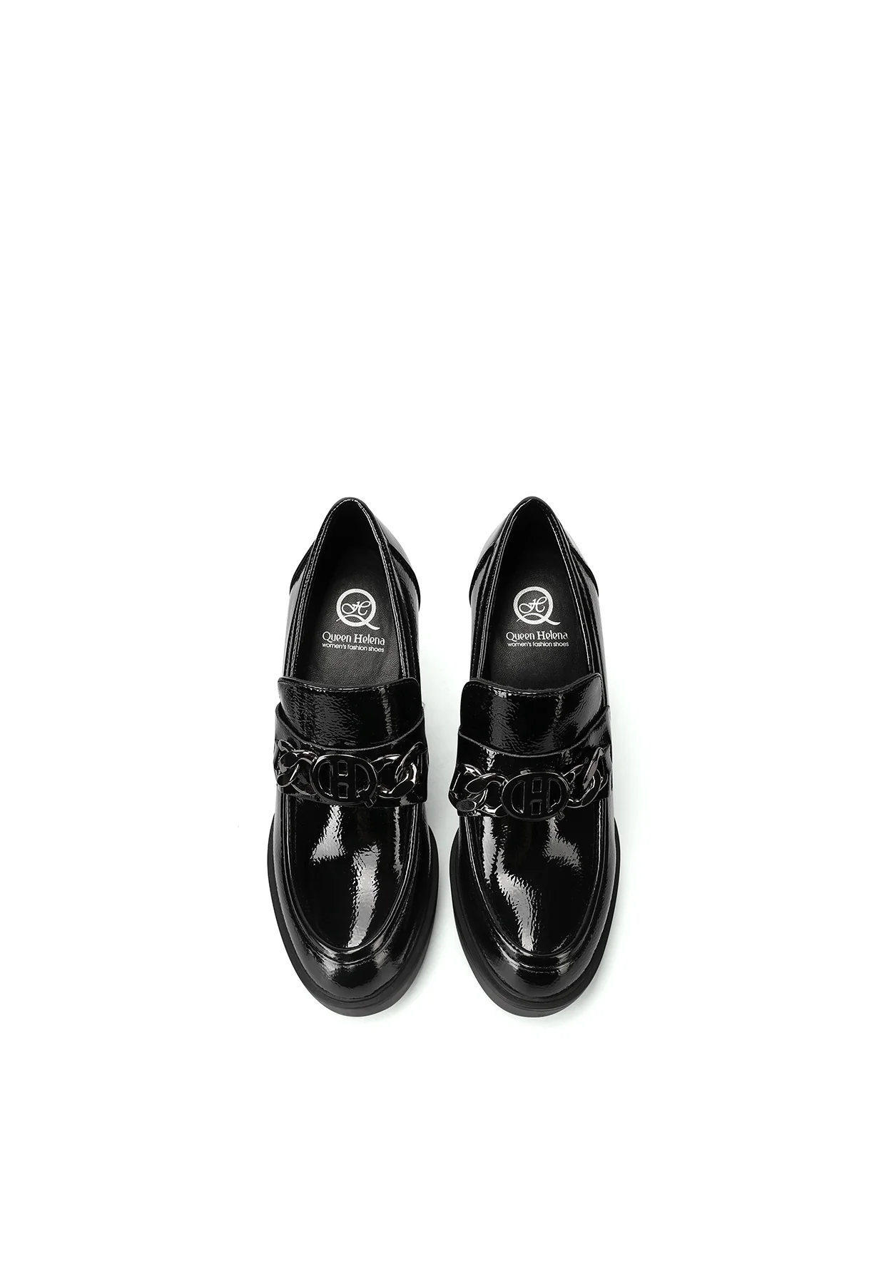 Mocassino nero verniciato con tacco alto e maxi catena X31-111 - Image 4